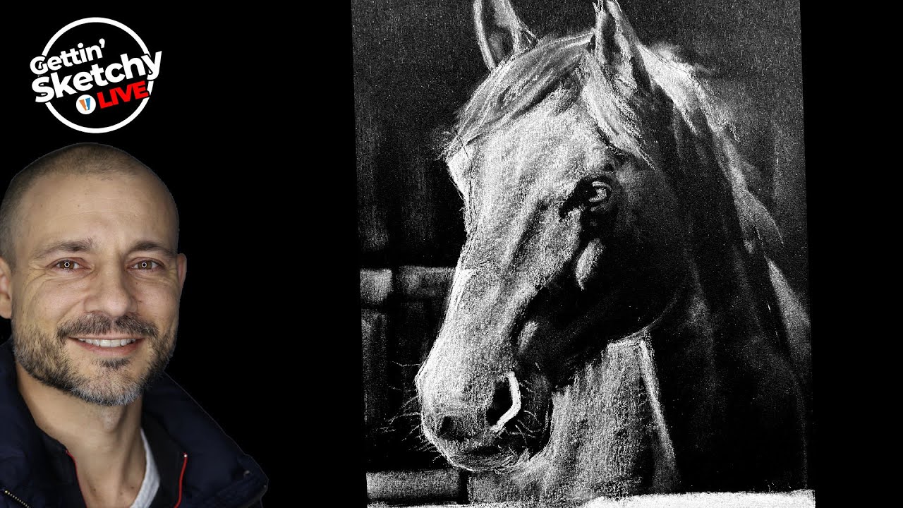 Mastering White Charcoal Horse Drawing on Black Paper