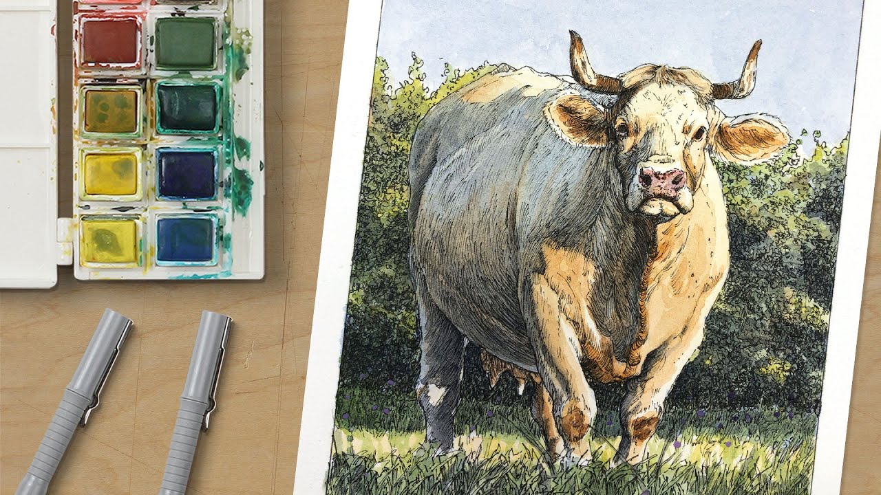 Master Pen, Ink & Watercolor: Bull in Field Painting Guide