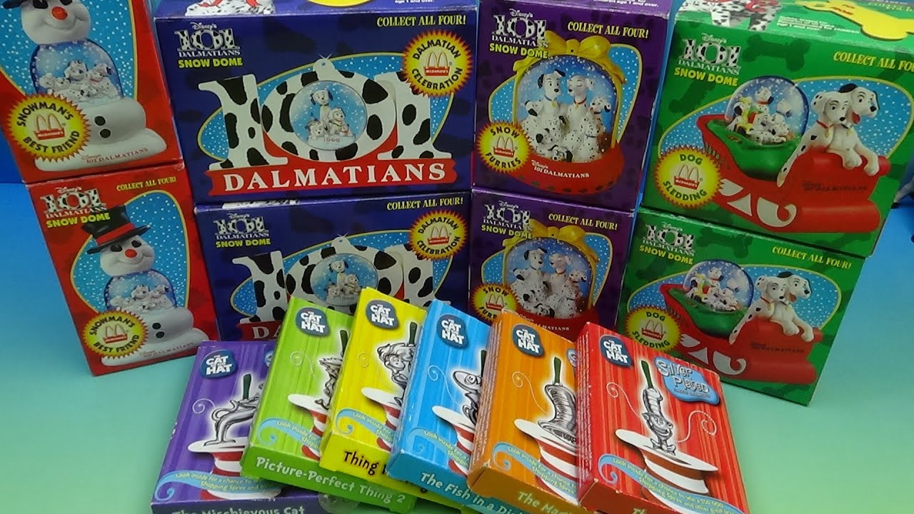 1996 McDonald's 101 Dalmatians Snow Globes & 2003 Burger King Cat in the Hat Ornaments
