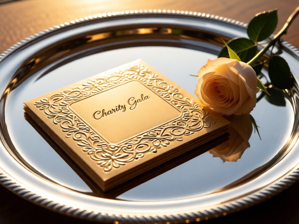 A polished silver tray holding a folded, embossed charity gala invitation beside a single rose. Shallow depth of field. Golden hour glow. No people.