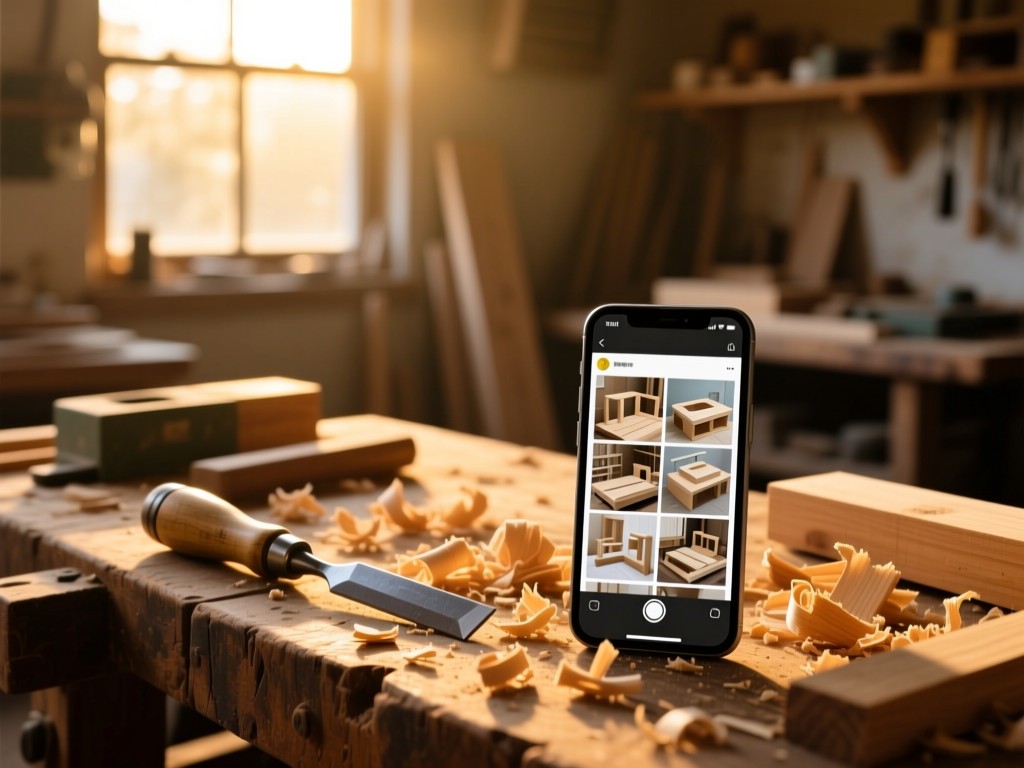 A rustic workbench at golden hour with scattered wood shavings, a chisel, and a smartphone showing a gallery of DIY projects. Soft sunlight through a workshop window, shallow focus, warm tones.