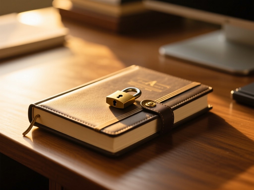 A closed journal with a brass lock on a wooden desk during golden hour, soft light highlighting its texture, shallow depth of field, warm tones, no visible text or people.