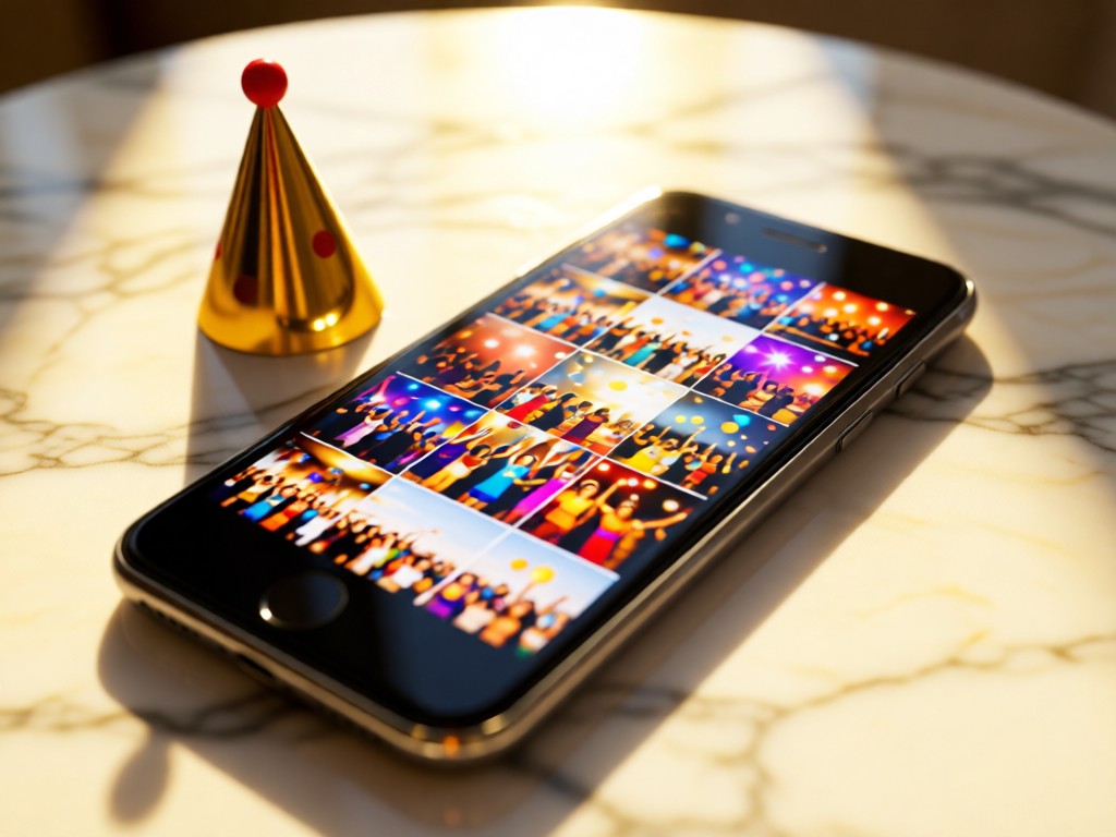 Smartphone displaying vibrant event photos beside a miniature party hat on marble surface. Sunlight reflecting off screen with shallow depth of field. Warm golden tones. No people.