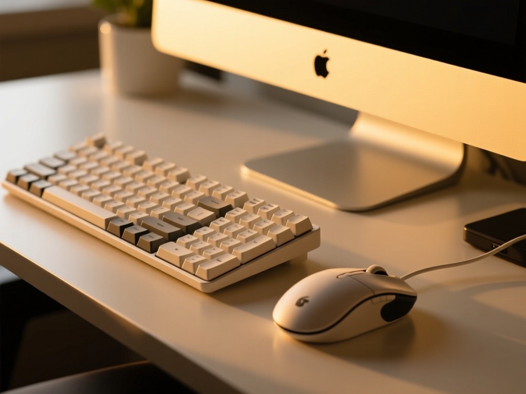A minimalist gaming mouse and keyboard arrangement during golden hour, soft side lighting highlighting textures, clean desktop setup, warm ambiance, shallow depth of field, no screens visible.