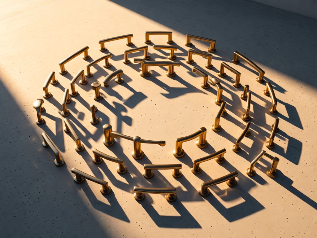 Aerial view of various high-quality door handles arranged in a circular pattern on a minimalist concrete surface. Late afternoon sun creates long shadows and warm metallic glows. Symbolizes product diversity and professional presentation. No people.