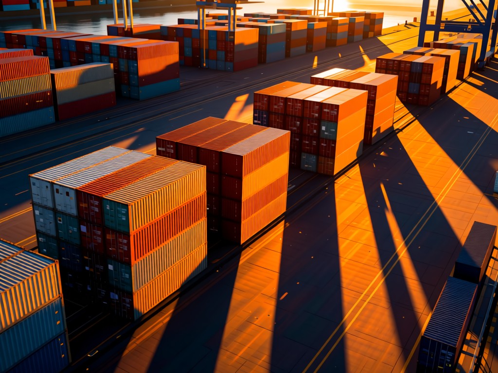 Aerial view of shipping containers in a port at sunset. Orange light reflects off metal surfaces with long dramatic shadows. Containers are neatly stacked, symbolizing global logistics efficiency. No people.