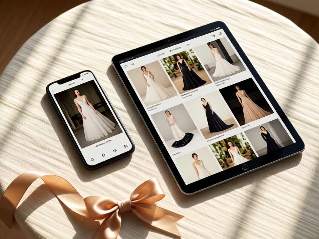 A smartphone and tablet on a linen tablecloth, both displaying a prom dress portfolio. Soft sunlight highlights the responsive design. A single silk ribbon lies beside them. Clean and modern. No people.