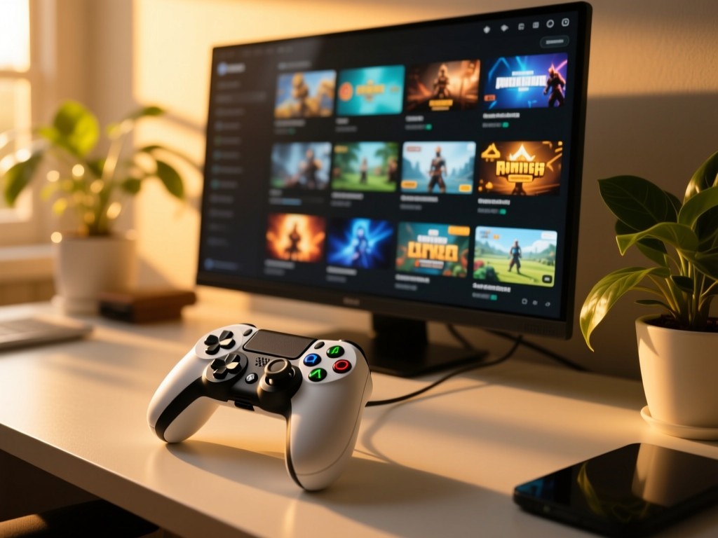 A gaming console controller on a minimalist desk during golden hour, soft sunlight illuminating its buttons, screen in background showing organized game clips, warm lighting, plants nearby, no visible text.
