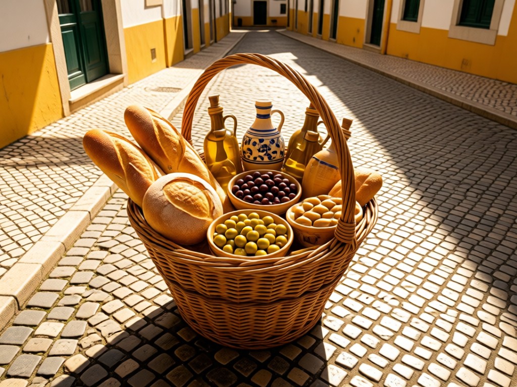 Aerial view of a traditional Portuguese market basket overflowing with fresh bread, olives, and ceramic oil bottles on a sunlit cobblestone street. Soft shadows create depth. Warm golden tones. Symbolizes abundance and tradition. No people.