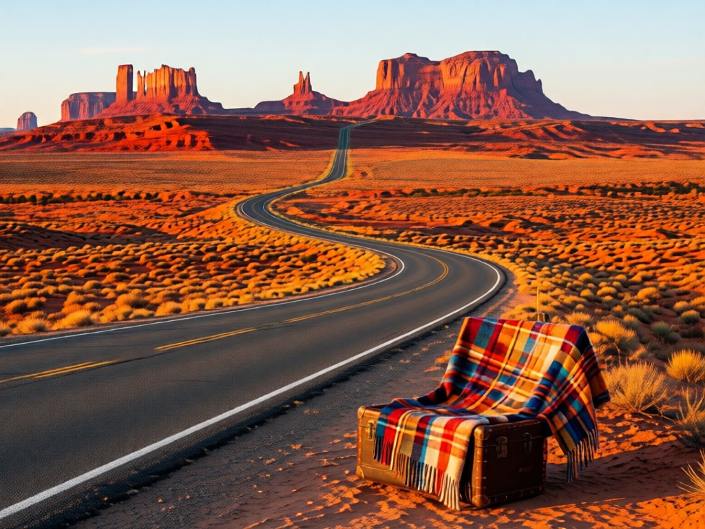 An aerial view of a winding desert road leading to distant red rock formations. A single Pendleton throw blanket drapes over a vintage trunk beside the road. Symbolizes journey and discovery. No people.