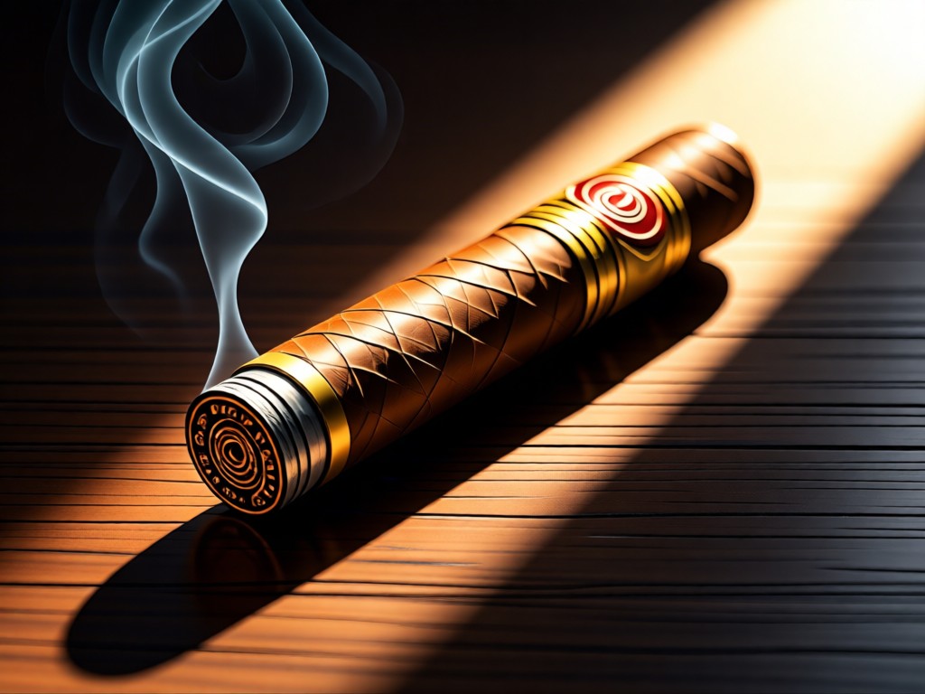 A single artisan-crafted cigar resting in a beam of sunlight on a dark wood surface. The composition symbolizes focus and premium craftsmanship. No people.