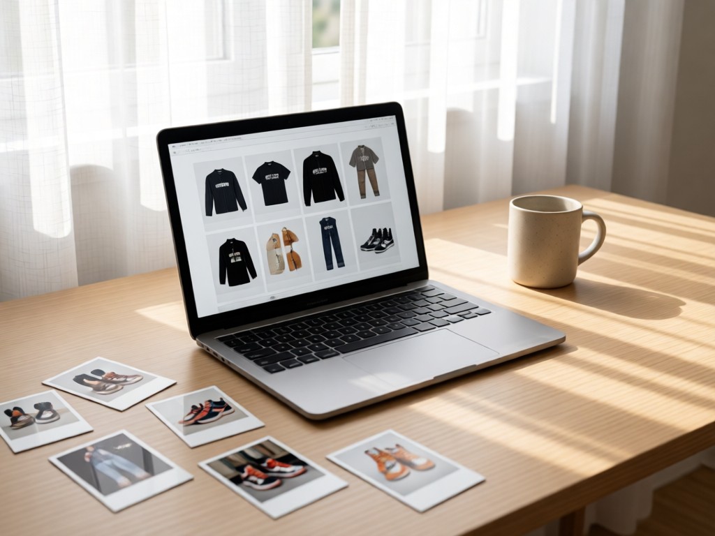 Minimalist desk with open laptop showing a clean clothing grid layout. Scattered polaroids of streetwear styles and a ceramic mug in soft focus. Natural light through sheer curtains.