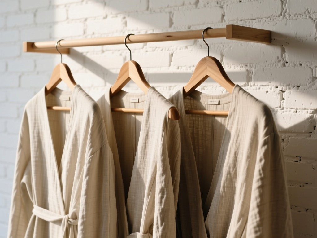 A minimalist display of three designer garments on wooden hangers against a white brick wall. Soft side lighting accentuates textures and folds. Natural linen backdrop creates depth. No people.