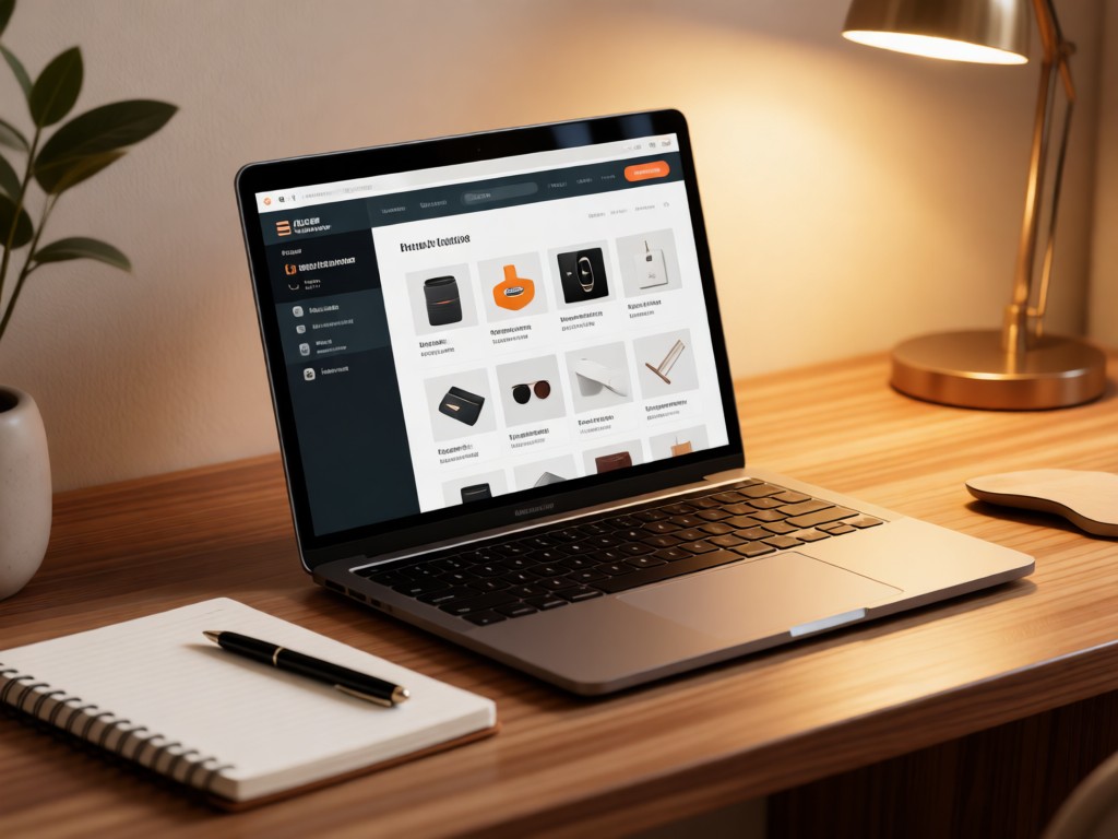 Stylish desk setup with laptop open to retail portfolio showing product links. Notebook and pen nearby. Soft warm lighting. No people.
