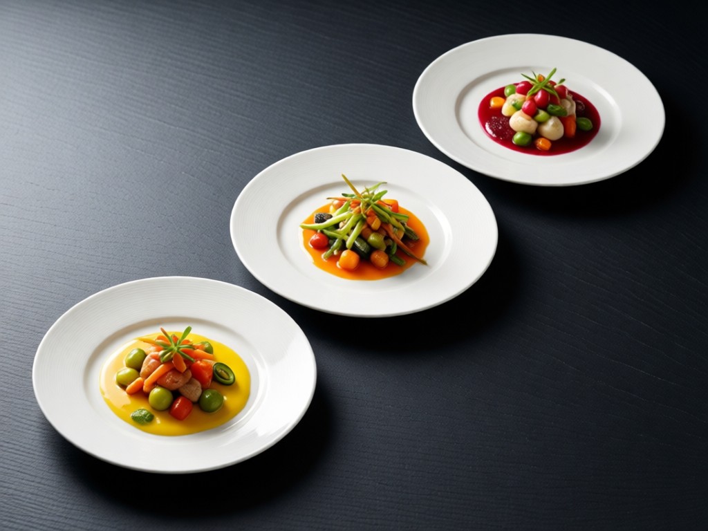 Minimalist composition of three white plates arranged diagonally, each displaying vibrant gourmet dishes against a dark slate background. Soft directional light highlights textures.