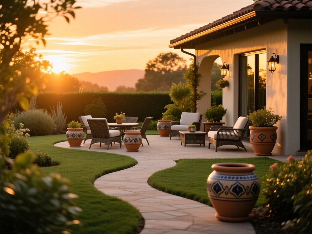 A winding garden path leading to a beautifully styled patio during sunset, warm golden light illuminating outdoor furniture arrangements, symbolic of discovery, shallow focus on decorative ceramic pots.