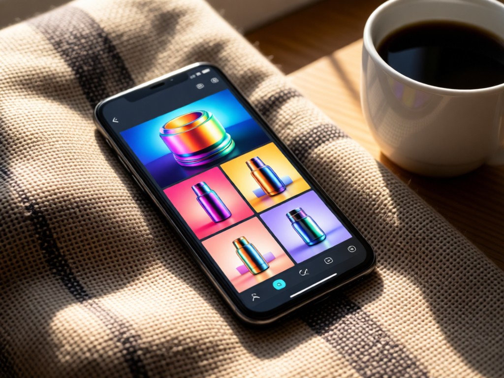 A smartphone displaying vibrant product images, resting on textured fabric beside a coffee cup. Soft morning light highlights the screen.