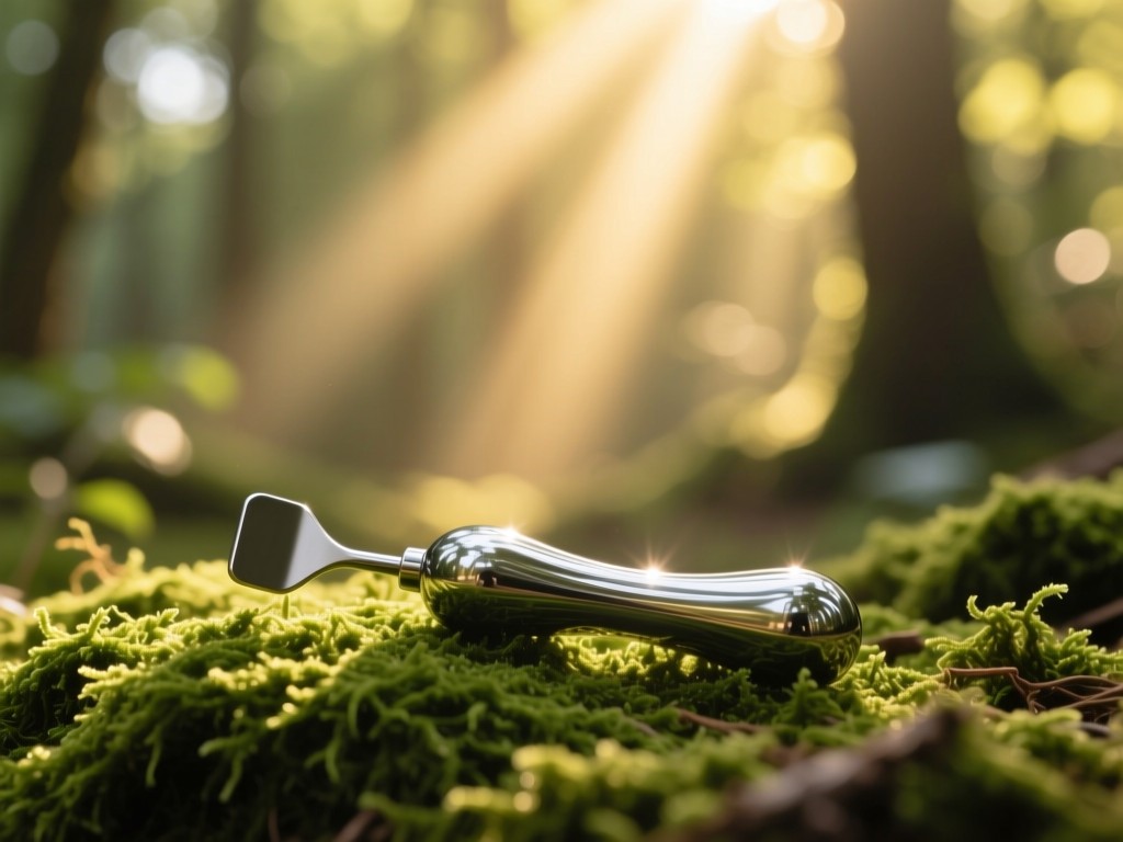 A single, well-polished chiropractic adjustment tool on a bed of green moss in a sunlit forest. Symbolizes precision and natural healing. Soft focus background with golden light rays. No people.