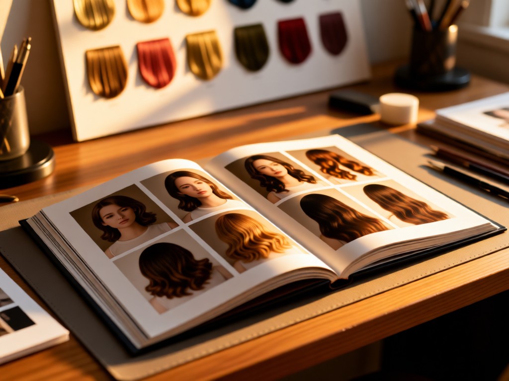 An open lookbook featuring wig transformation photos, resting on a designer desk. Golden hour light illuminates the pages. Hair color swatches visible in the blurred background. No people.