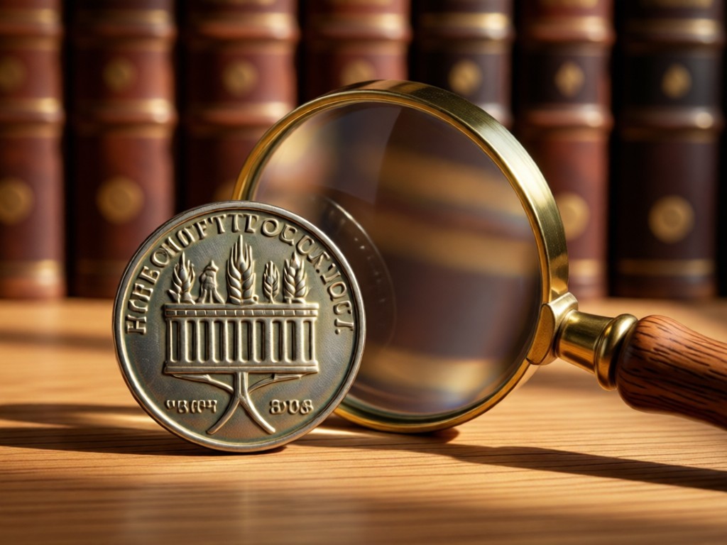 Macro shot of a wheat penny's texture beside a vintage magnifying glass on oak wood. Soft sunlight emphasizes metallic details. Background features blurred leather-bound coin albums. No people.
