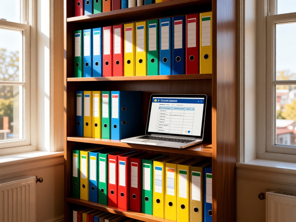 A neatly arranged bookshelf with color-coded binders and an open laptop displaying a lesson plan template. Sunlight filters through adjacent windows. No people.