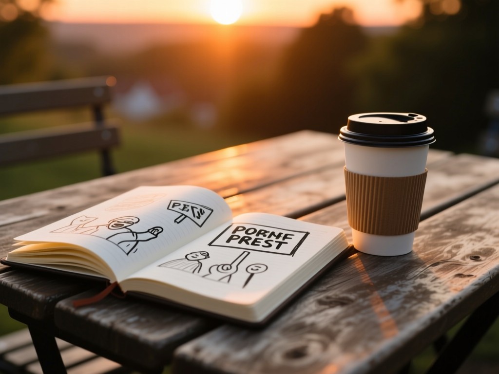 An open notebook with protest sketches and reusable coffee cup on a rustic table, warm sunset glow highlighting the pages, shallow depth of field, no text visible.