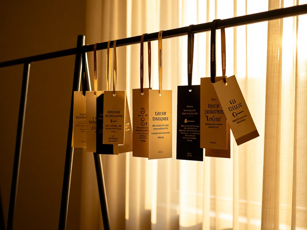 An angled view of designer garment tags hanging from a minimalist clothing rack. Sunlight filters through sheer curtains. Warm golden tones. No people.