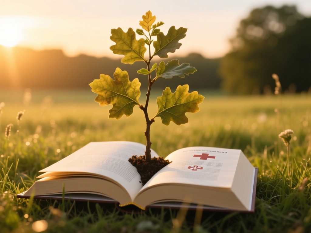A single oak tree sapling growing through open medical textbooks in a meadow during golden hour, symbolizing organic growth and knowledge, warm lighting, natural color palette.