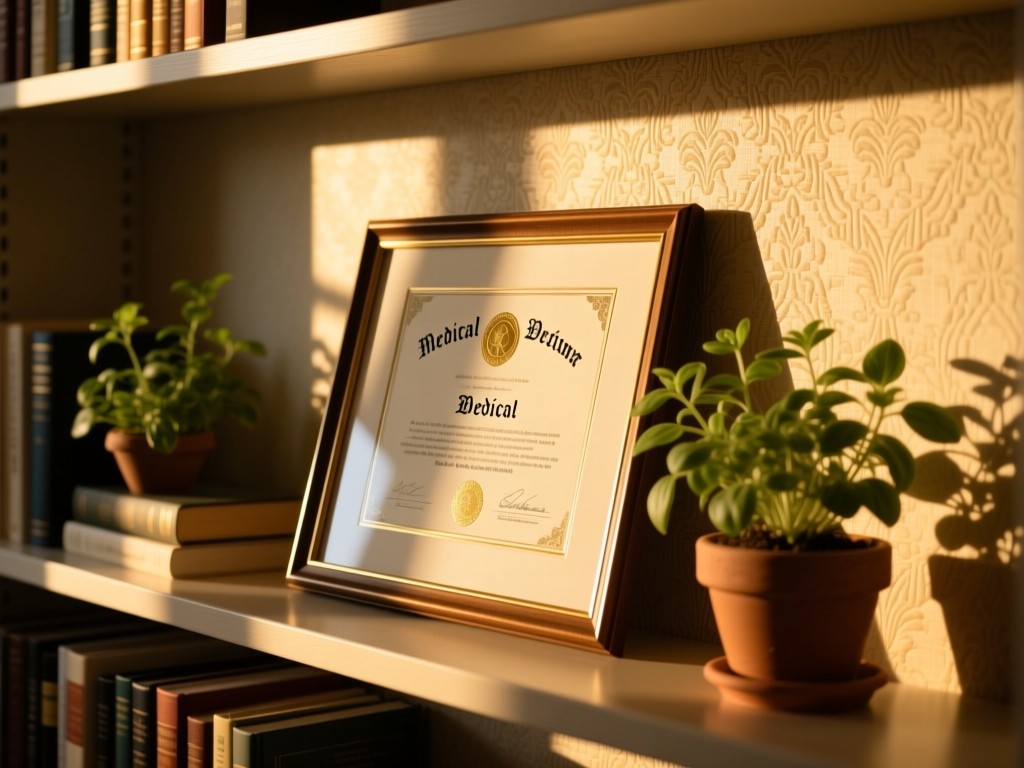 A framed medical diploma slightly angled on a bookshelf beside potted herbs. Golden hour light creates long shadows across textured wallpaper. Professional yet warm. No people.