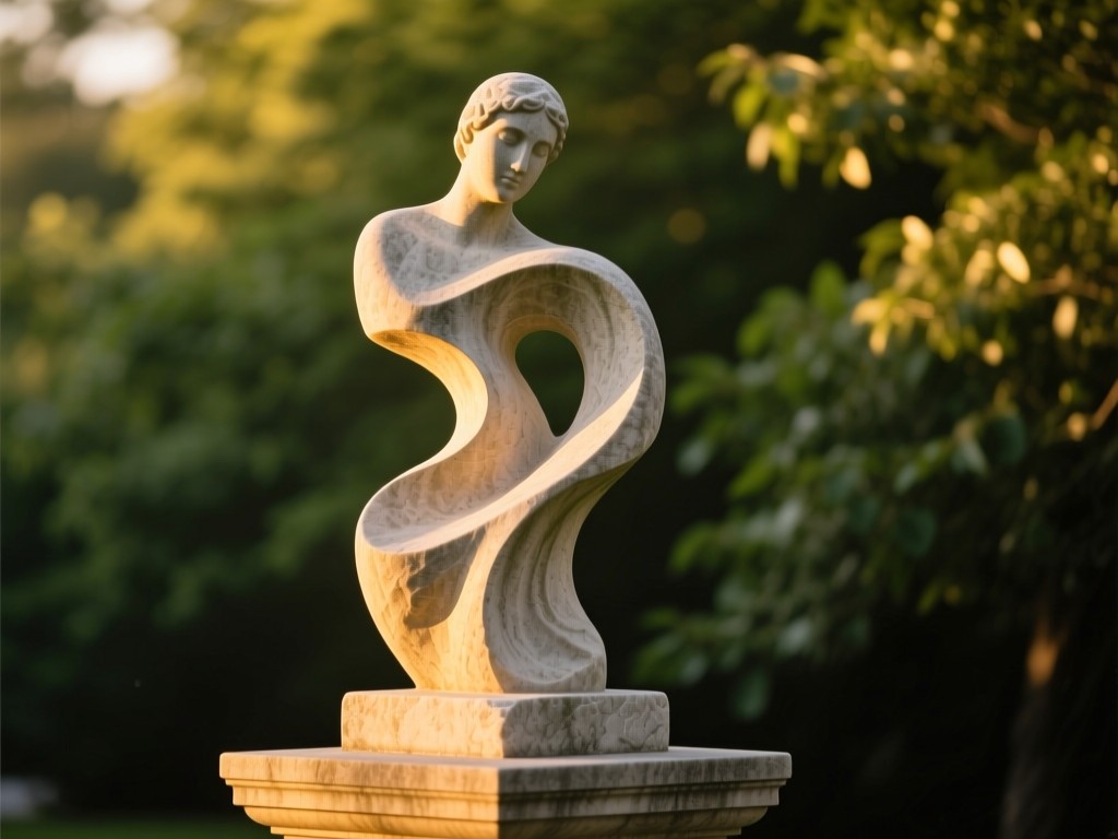 A single sculpted abstract stone figure on a pedestal during golden hour, light emphasizing its curves, against a blurred green foliage background, symbolizing transformation, warm natural lighting, no people.