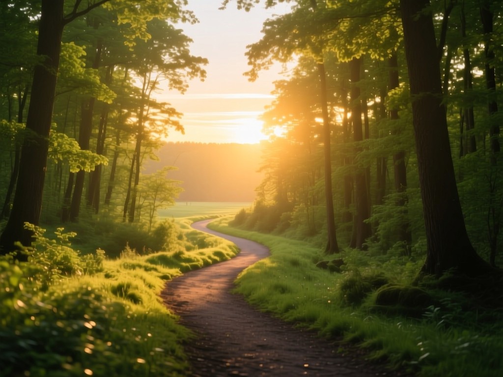 A winding path through a sunlit forest during golden hour, leading toward a bright horizon, symbolizing discovery and growth, soft warm lighting, vibrant greens, no people.