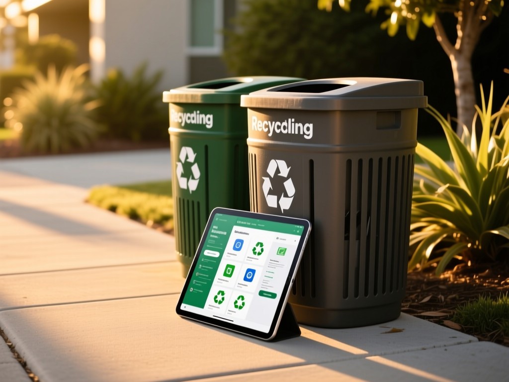 Recycling bins bathed in golden hour light on a clean sidewalk, digital tablet propped against them showing organized recycling guides, soft shadows, plants in background, minimalist composition.
