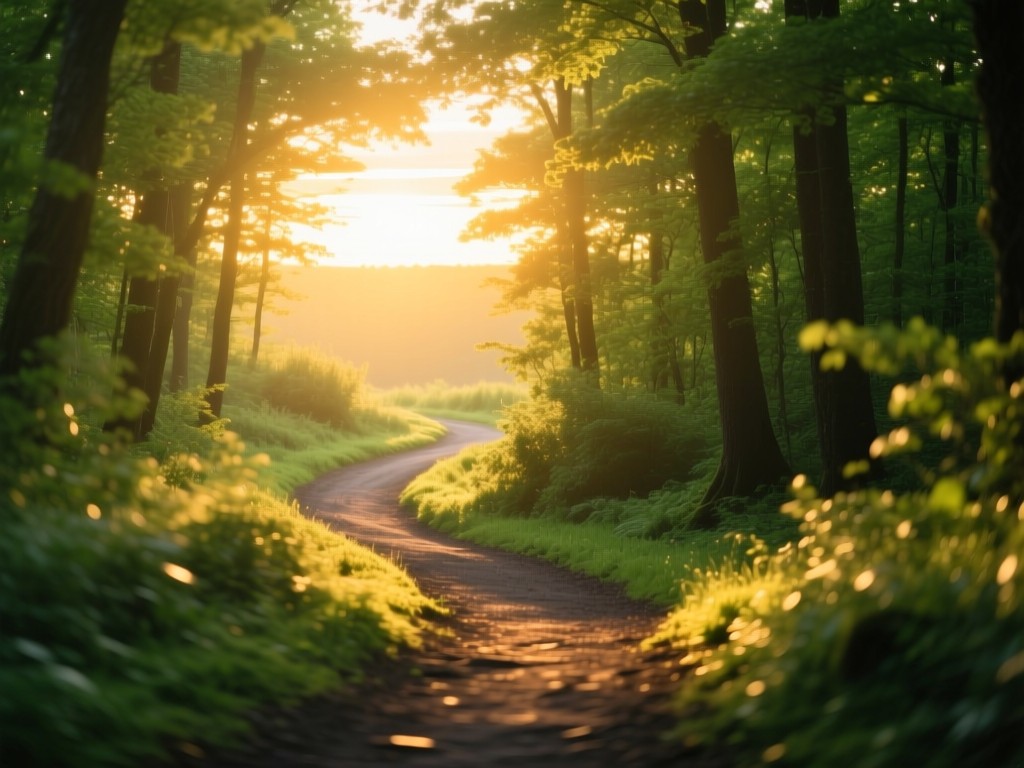 A winding forest path illuminated by golden hour sunlight, leading toward a bright horizon, symbolizing organic discovery, vibrant greens, soft focus background, no people.