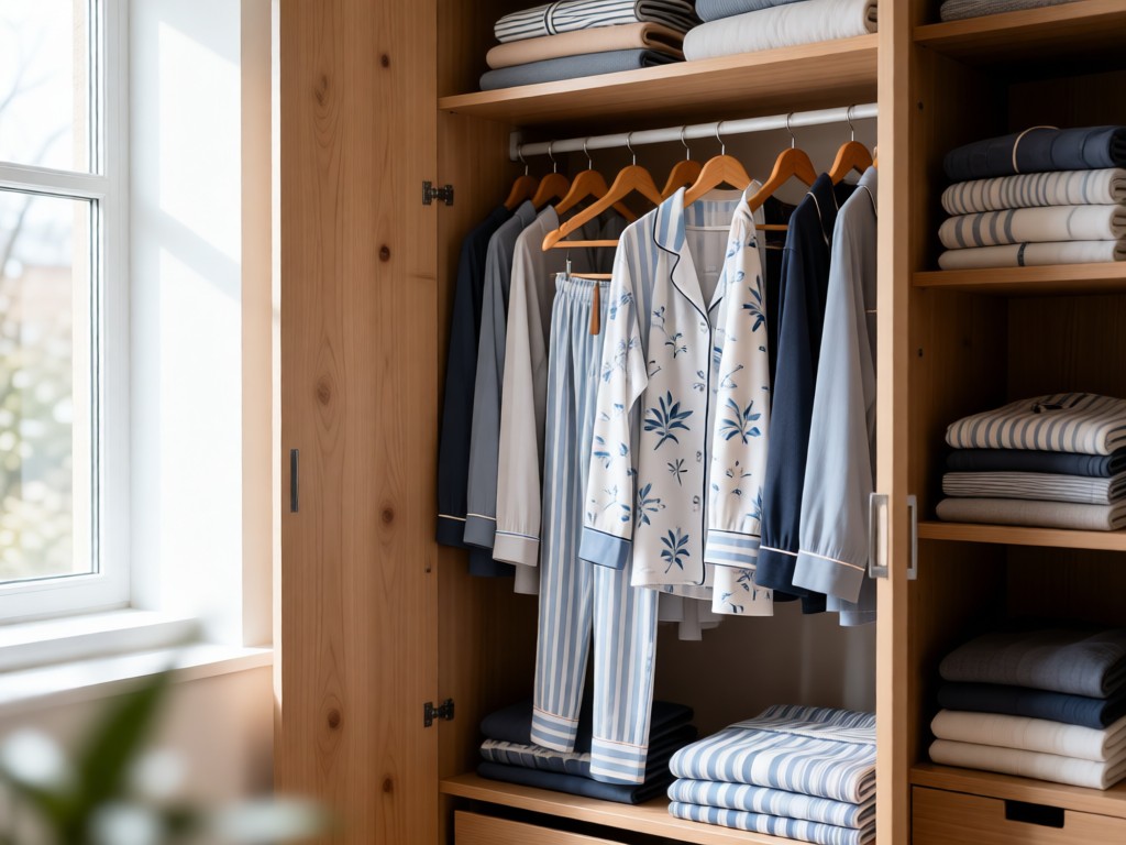 Open wardrobe displaying coordinated pajama sets on wooden hangers. Soft focus on folded loungewear stacks. Natural light from adjacent window. Clean, organized composition. No people.