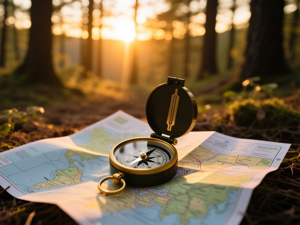 A compass on a trail map in a forest clearing at sunset, golden light filtering through trees, symbolic of discovery and guidance, soft natural lighting.