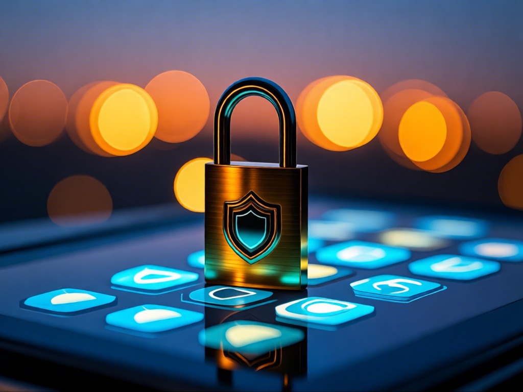 Close-up of a padlock resting on a digital tablet displaying shield icons. Warm bokeh lights glow in the background dusk. No people.