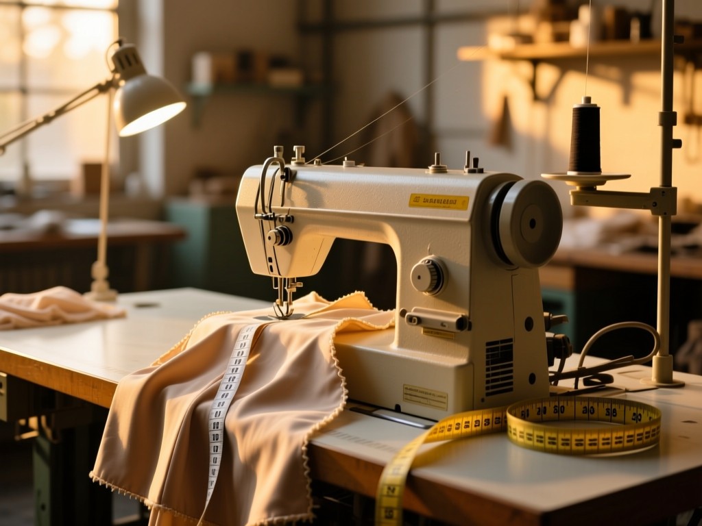 Sewing machine and half-finished costume piece on a workbench during golden hour, measuring tape coiled nearby, soft focus background, warm industrial lighting.