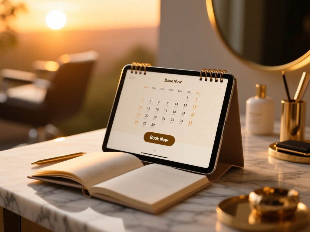 A sleek calendar open on a marble surface during sunset, golden light highlighting a 'Book Now' button on a tablet screen, minimalist salon accessories in soft focus, warm tones, no text visible.
