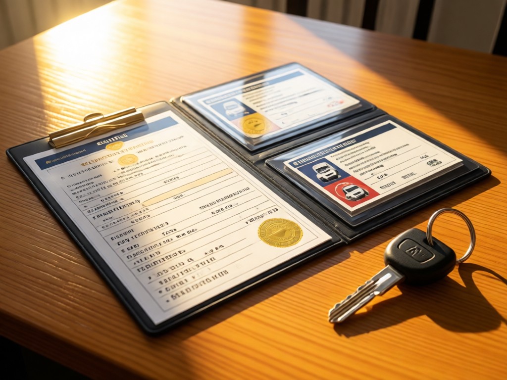 Neatly arranged truck driver certifications and licenses on a sunlit wooden table. A polished truck key lies beside them. Morning light creates warm reflections. No people.