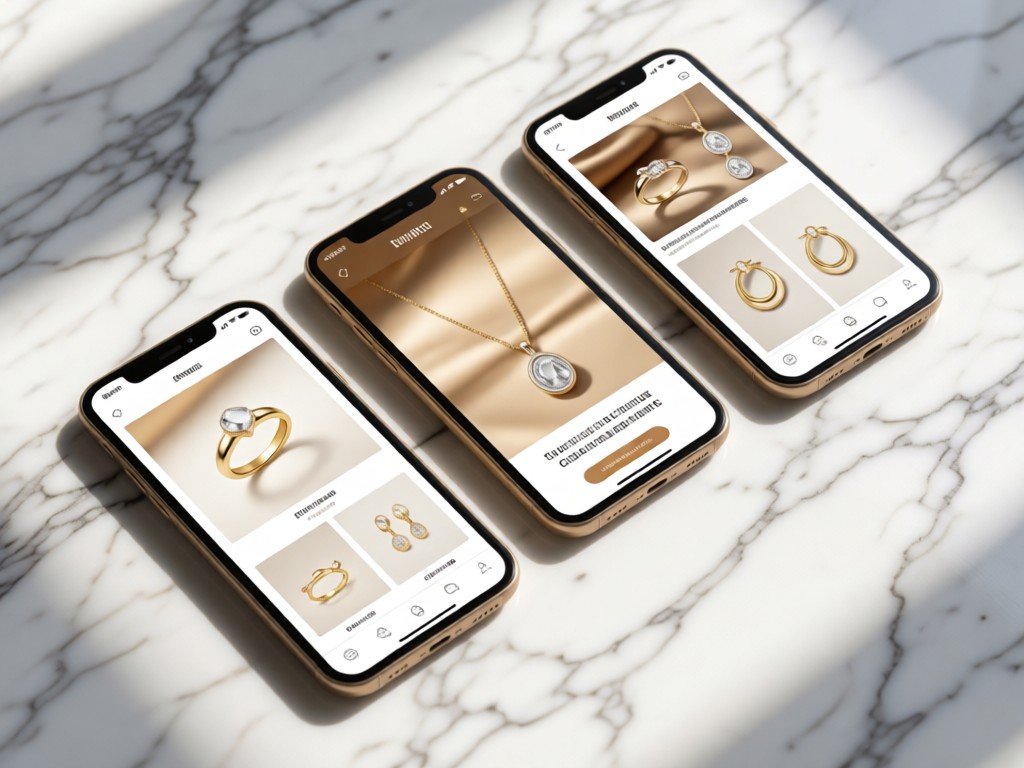Three angled smartphones displaying different jewelry portfolio pages on a marble surface. Screens show ring, necklace and earring designs. Natural daylight. No people.