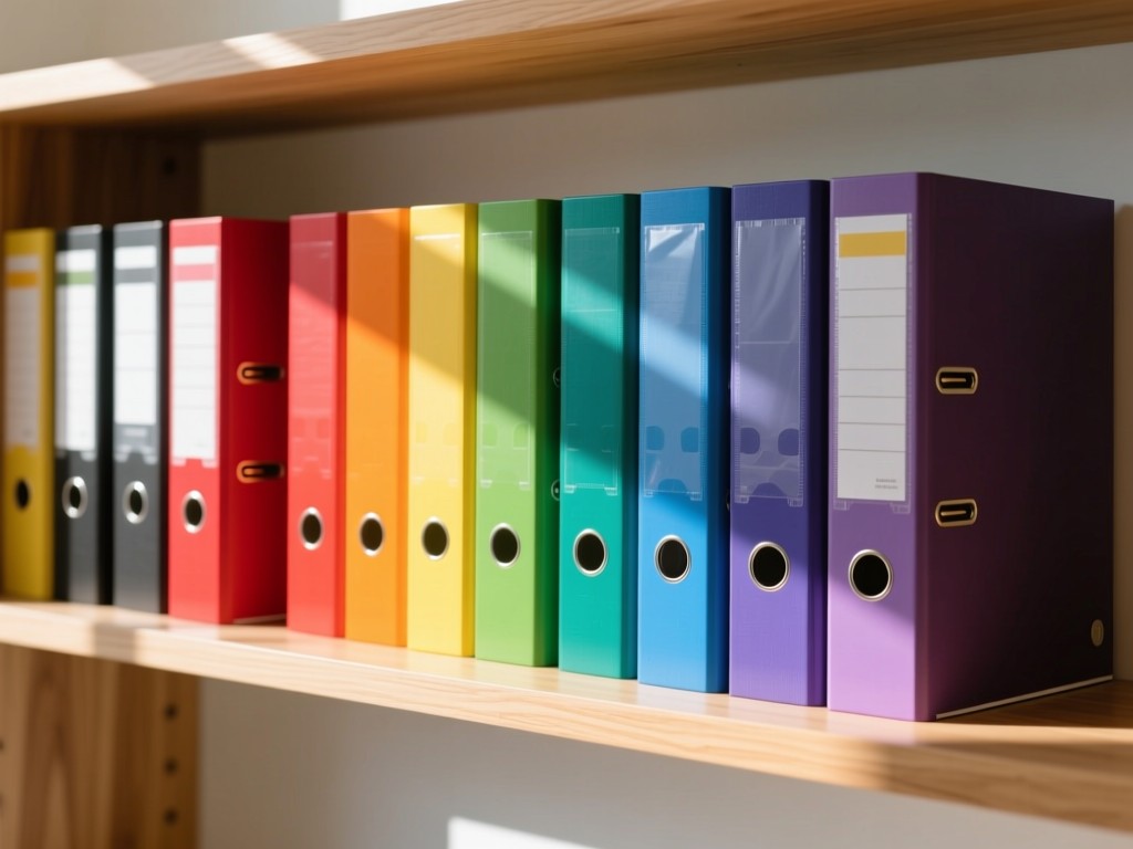 Abstract shot of colorful folders and binders arranged in a rainbow gradient on a light oak shelf. Sunlight creates vibrant color reflections. Negative space dominates. No people.
