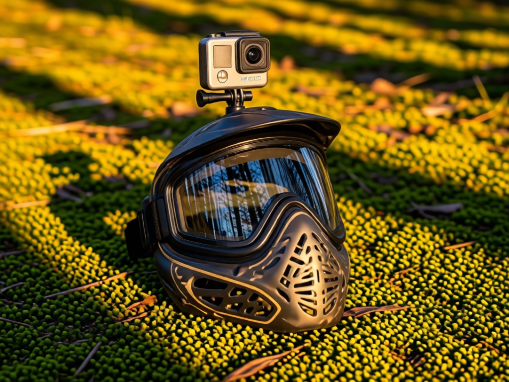 A GoPro camera mounted on a paintball mask resting on mossy ground. Golden sunset light creates long shadows. Focus on the camera lens reflecting trees. No people.