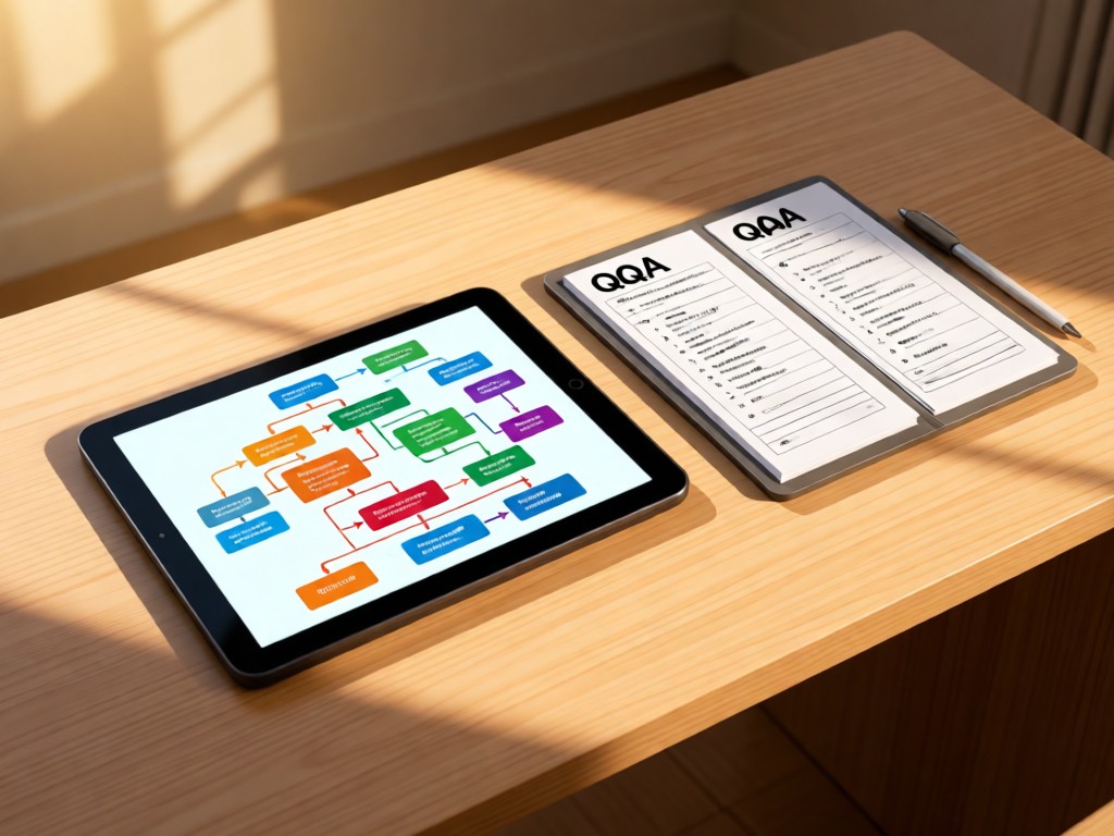 A minimalist desk with a tablet showing a colorful process flowchart. Beside it, a perfectly arranged set of QA checklists in warm afternoon light. No people.