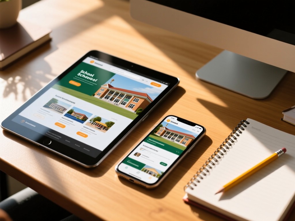 A tablet and smartphone displaying a school website on a wooden desk. Afternoon sun creates soft shadows. Nearby, a notebook and pencil add academic context. No people.