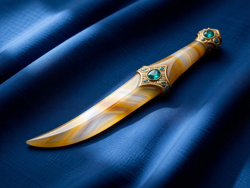 A polished agate dagger (jambiya) displayed on indigo-dyed fabric. Soft side lighting emphasizes the curved blade and gemstone details against deep blue folds. Minimalist composition. No people.