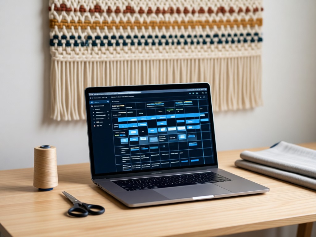 Minimalist desk with open laptop showing link grid. A spool of thread and fabric scissors beside it. Soft focus background with woven wall hanging. No people.