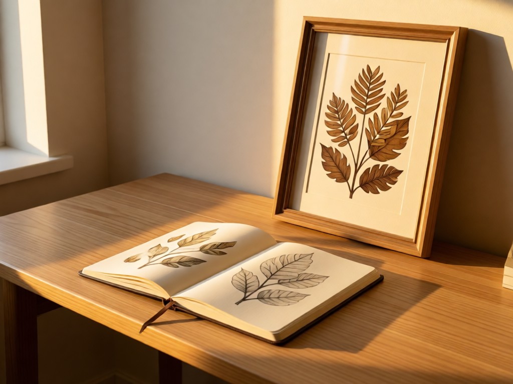 A minimalist desk with an open notebook showing botanical sketches beside a finished pressed rasheeda frame. Warm golden hour light creates a serene workspace atmosphere. No people.