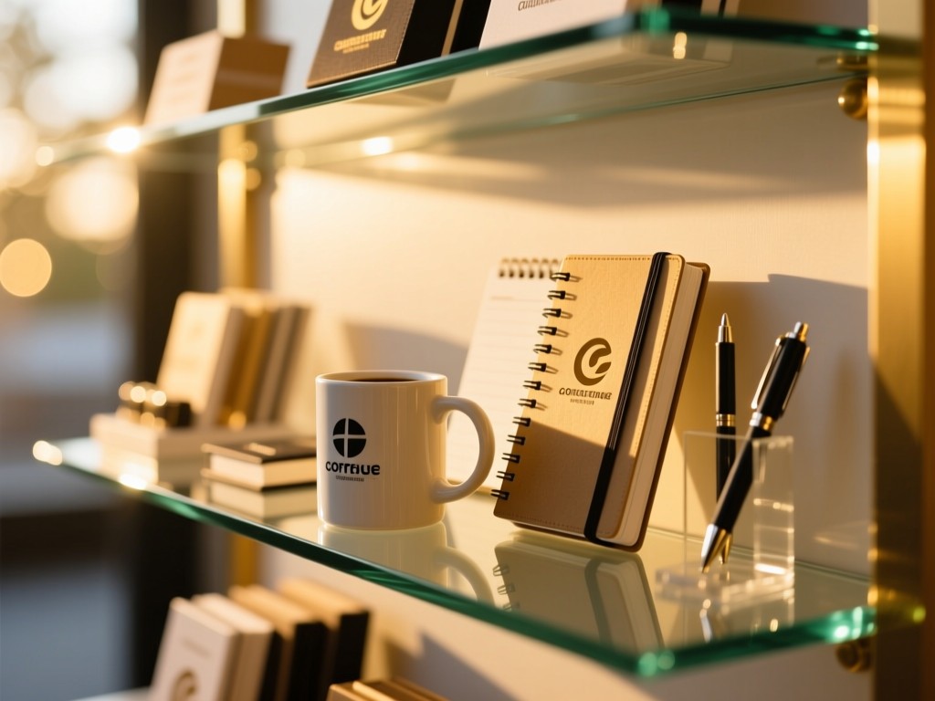 A clean glass shelf displaying branded merchandise from major companies (coffee mug, notebook, pen) in golden hour. Bokeh background emphasizes professional recognition.