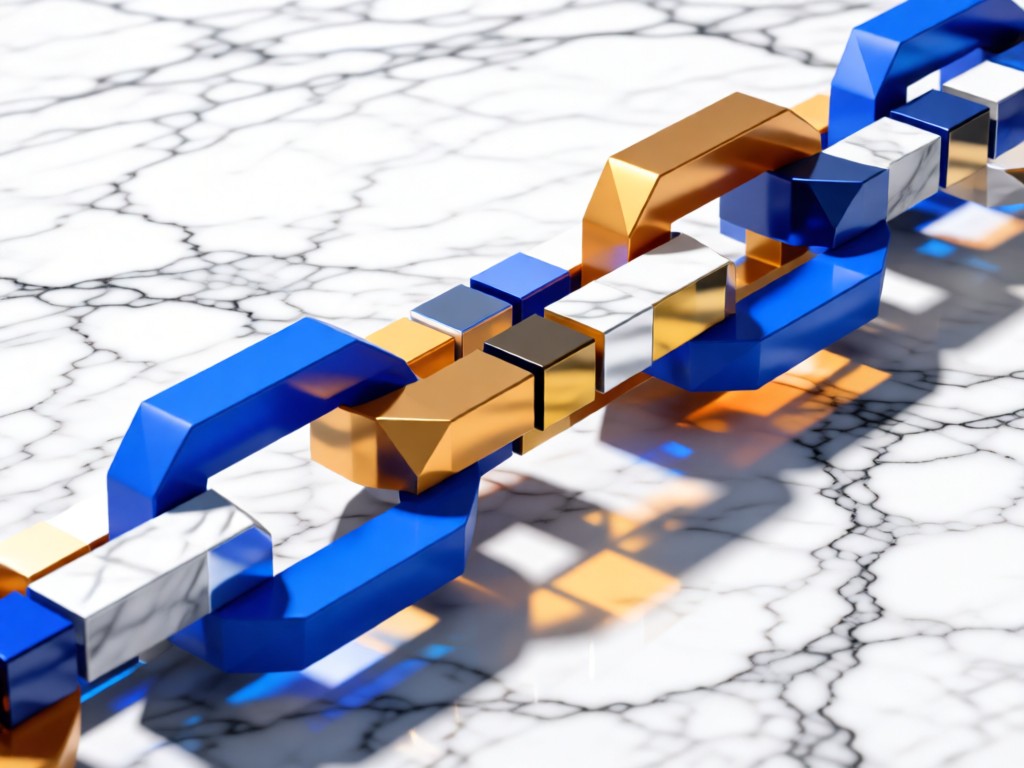 Interlocking geometric blocks in SaaS brand colors forming a chain on marble. Soft shadows emphasize connections. Bright studio lighting. Abstract and cohesive. No people.