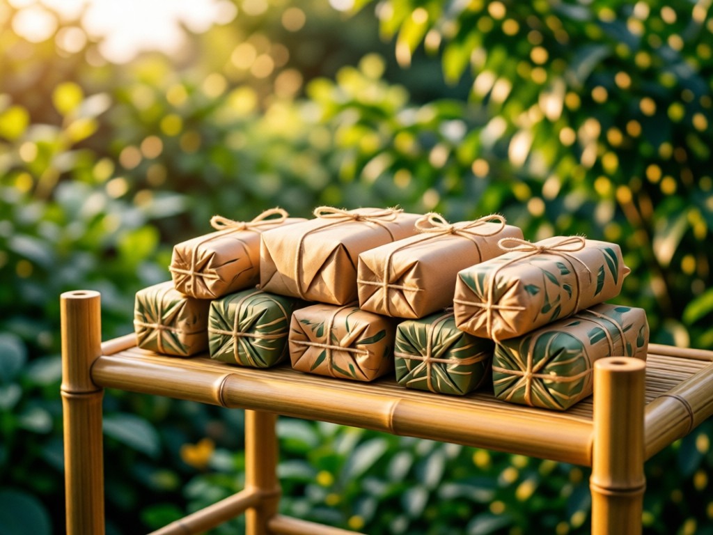 A clean bamboo shelf holding bundled products wrapped in sustainable packaging. Natural textures against a soft-focus greenery background. Golden hour lighting.